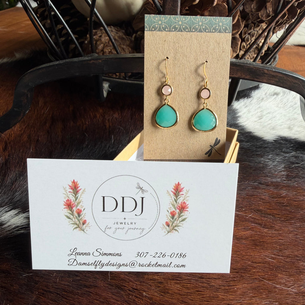 Mint Glass Drop Earrings with Pink Connectors