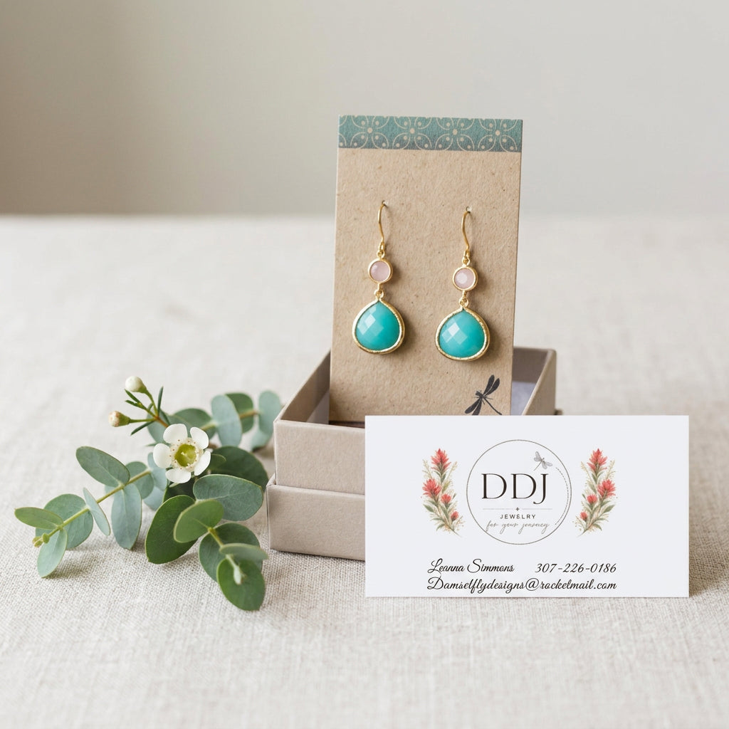 Mint Glass Drop Earrings with Pink Connectors
