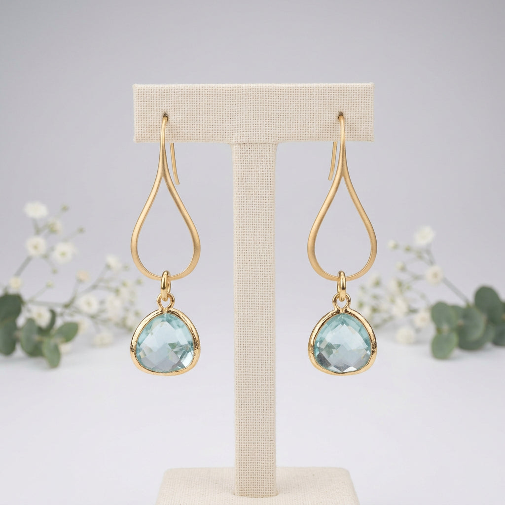 Gold Teardrop Earrings with Aquamarine-Colored Glass