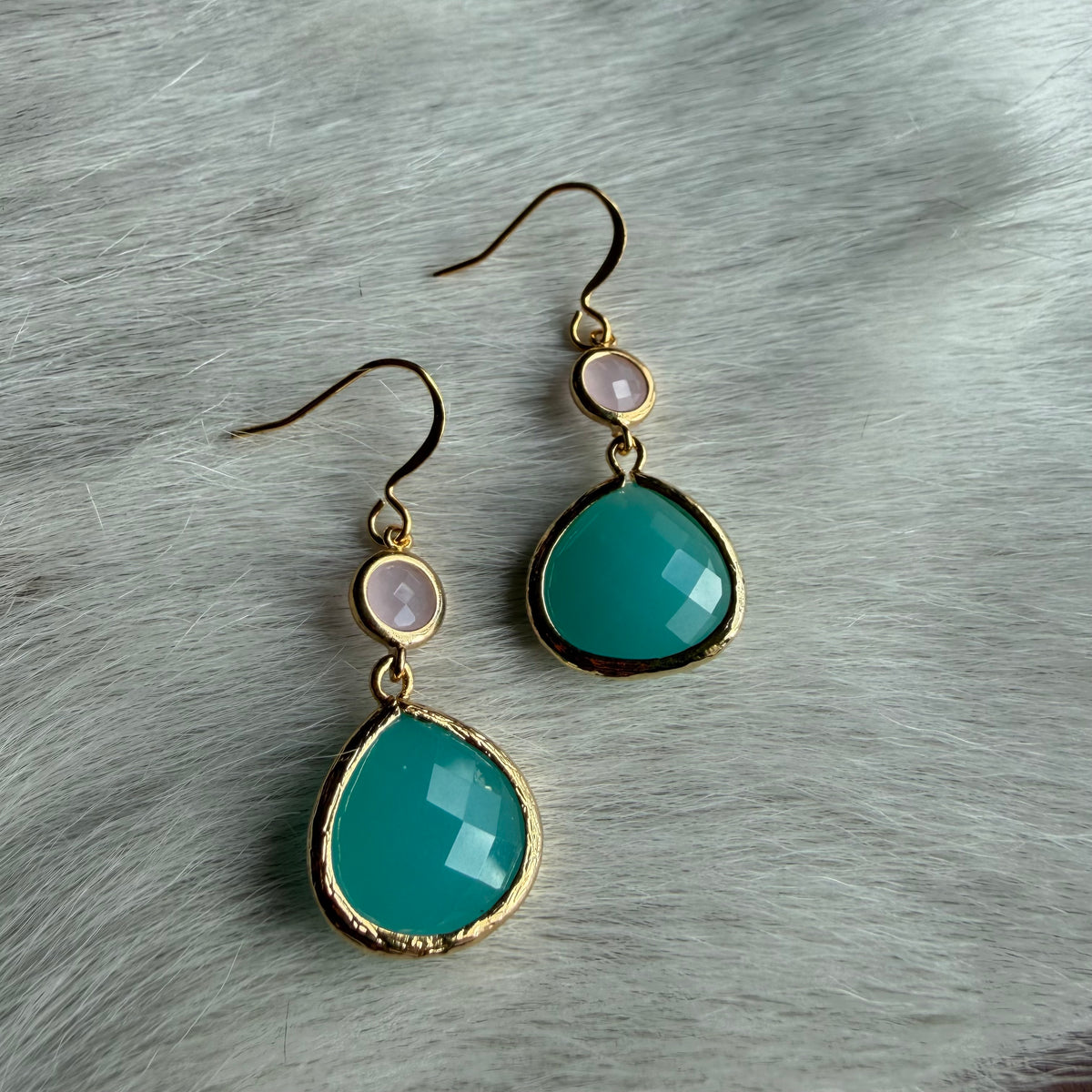 Mint Glass Drop Earrings with Pink Connectors
