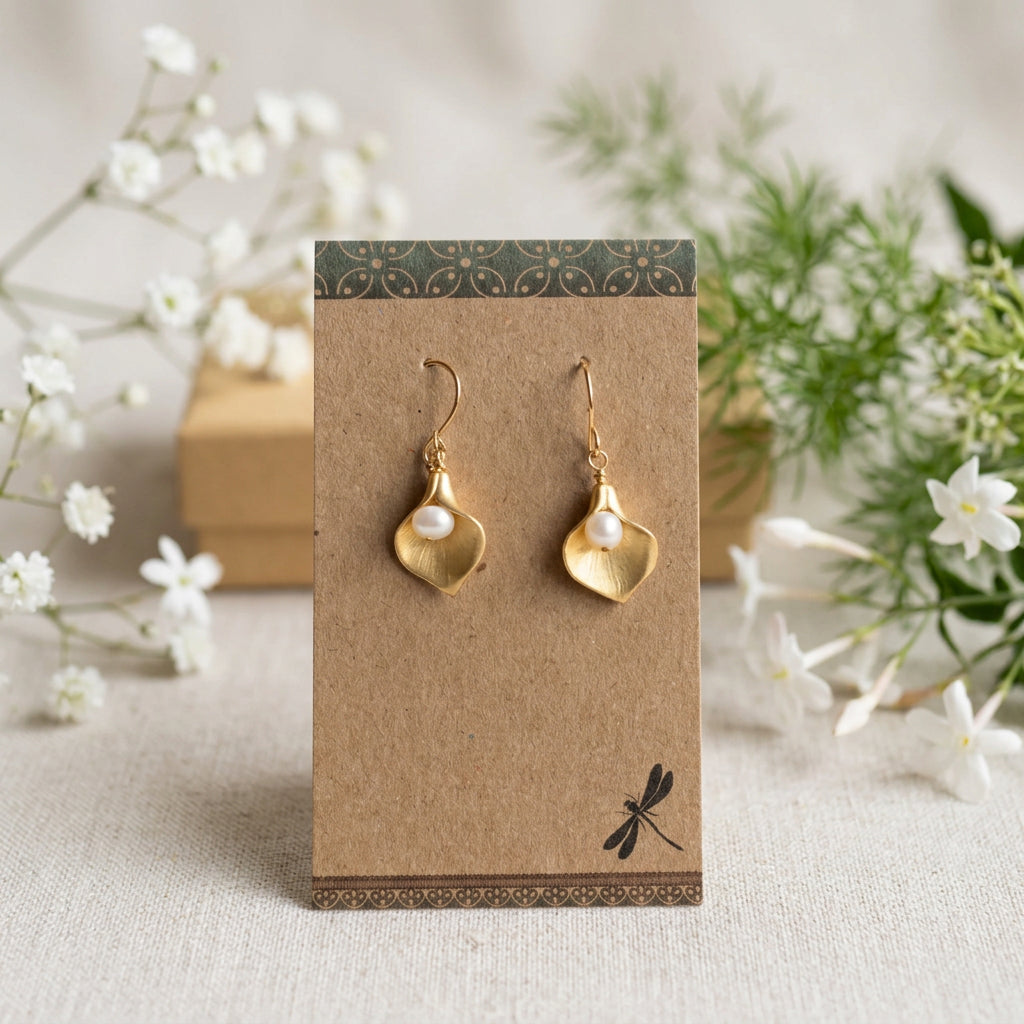 Gold-Plated Calla Lily Earrings with Swarovski Coated Pearls
