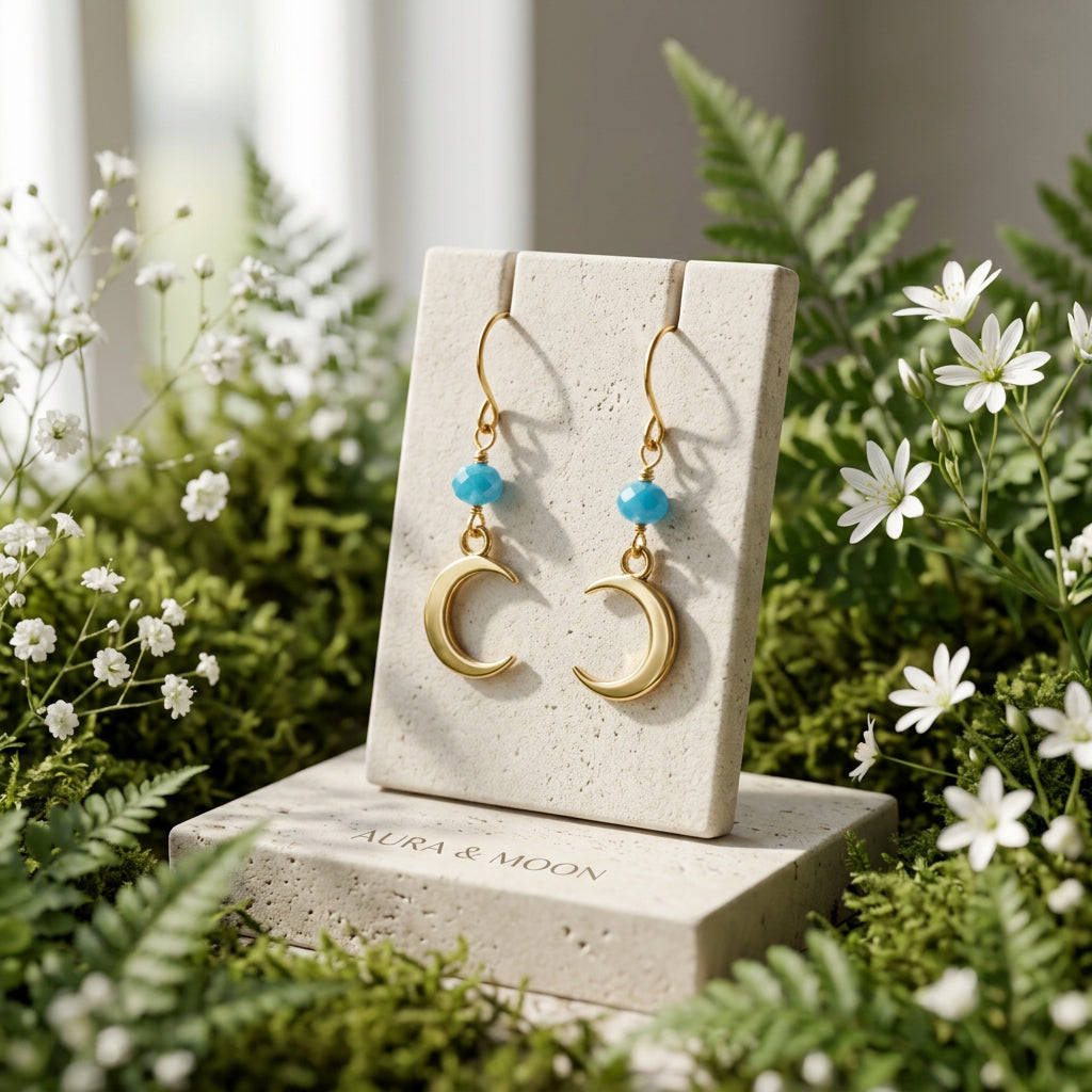 Blue Chalcedony Crescent Moon Drop Earrings