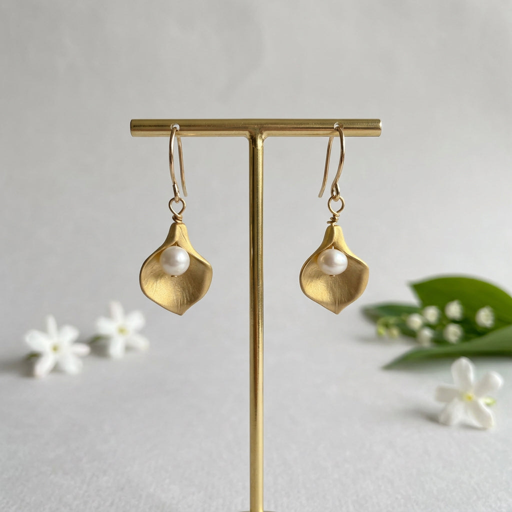 Gold-Plated Calla Lily Earrings with Swarovski Coated Pearls