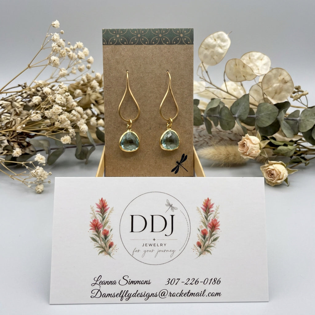 Gold Teardrop Earrings with Aquamarine-Colored Glass