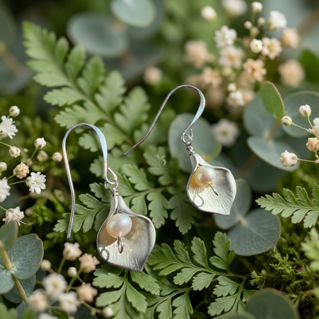 Calla lily drop earrings with white pearl accents and curved silver-tone ear wires