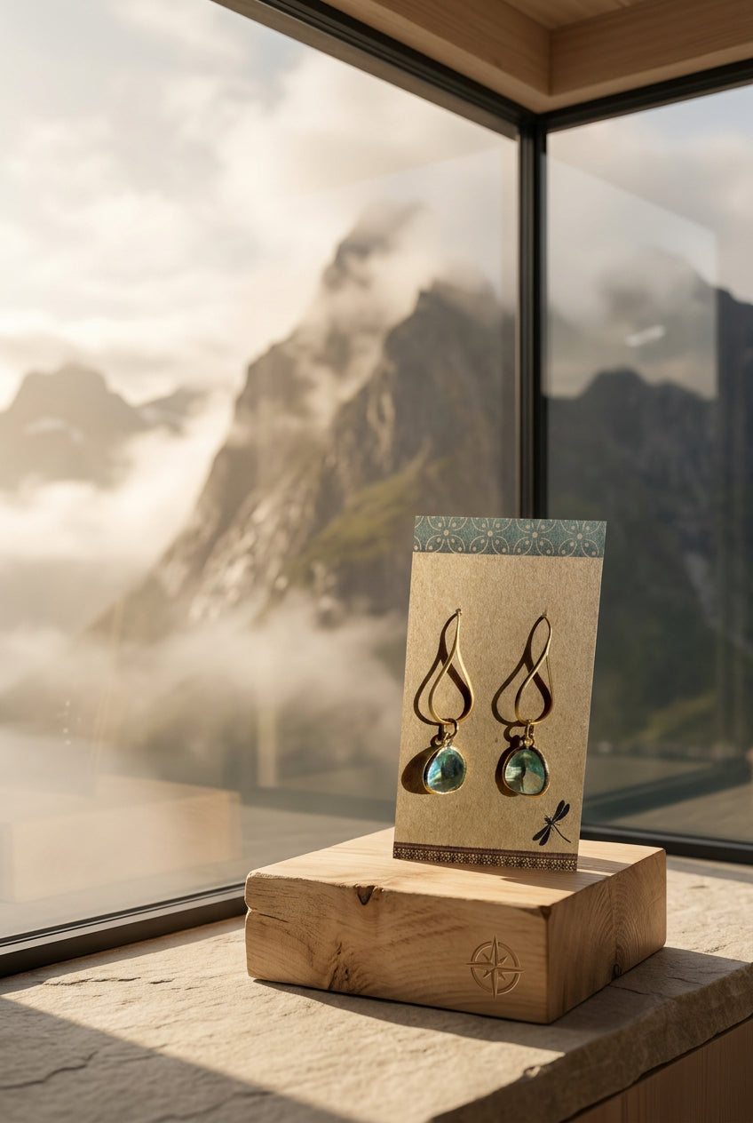 Gold Teardrop Earrings with Aquamarine-Colored Glass
