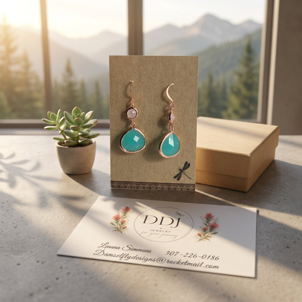Mint Glass Drop Earrings with Pink Connectors