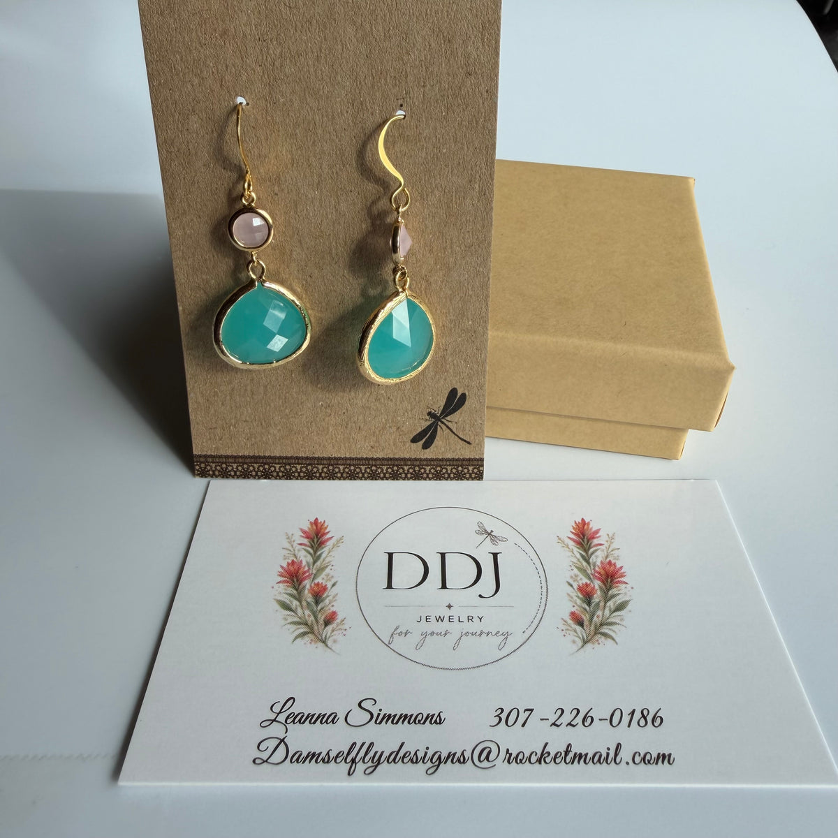 Mint Glass Drop Earrings with Pink Connectors