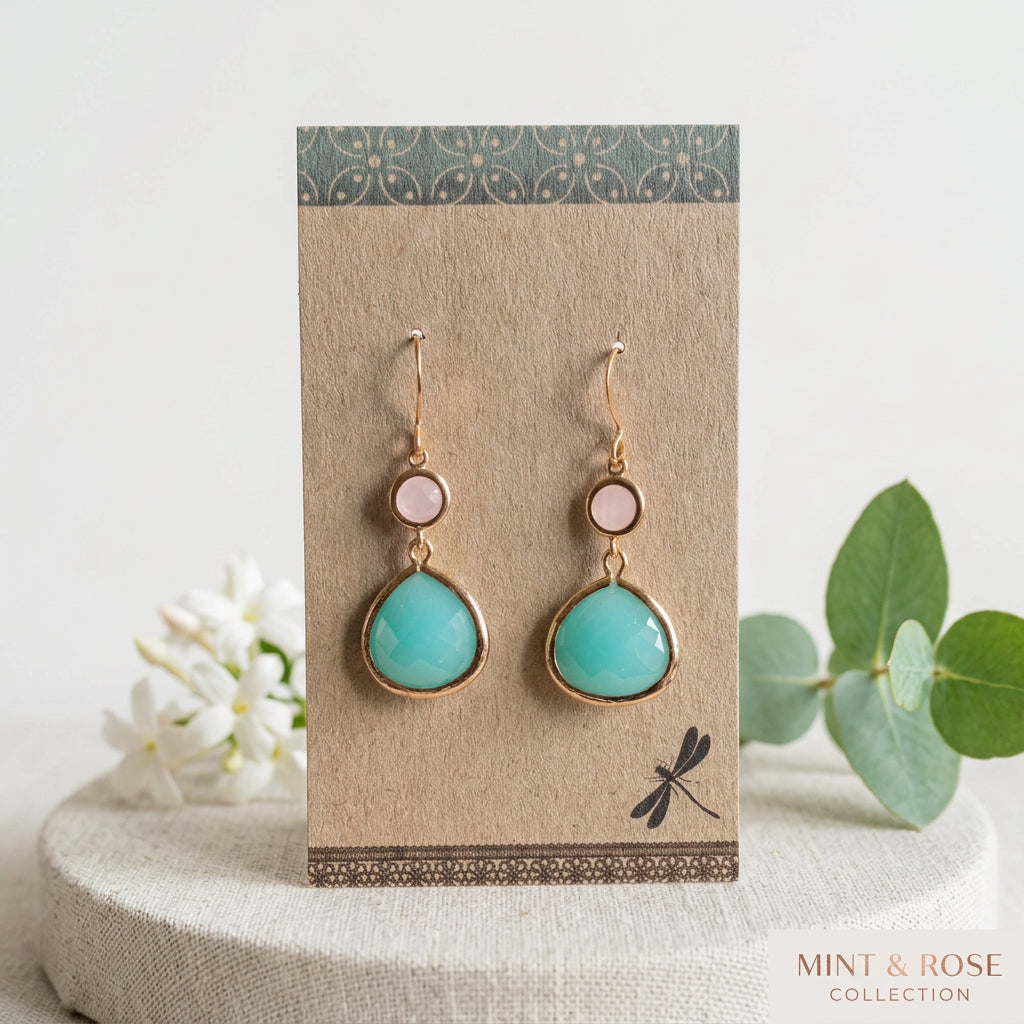Mint Glass Drop Earrings with Pink Connectors