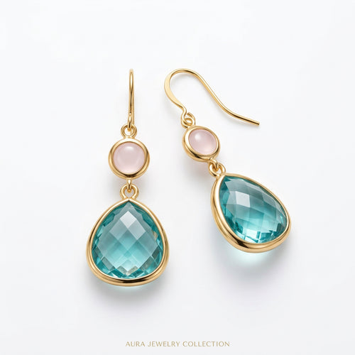 Aquamarine-Colored Glass Drop Earrings with Pink Connectors