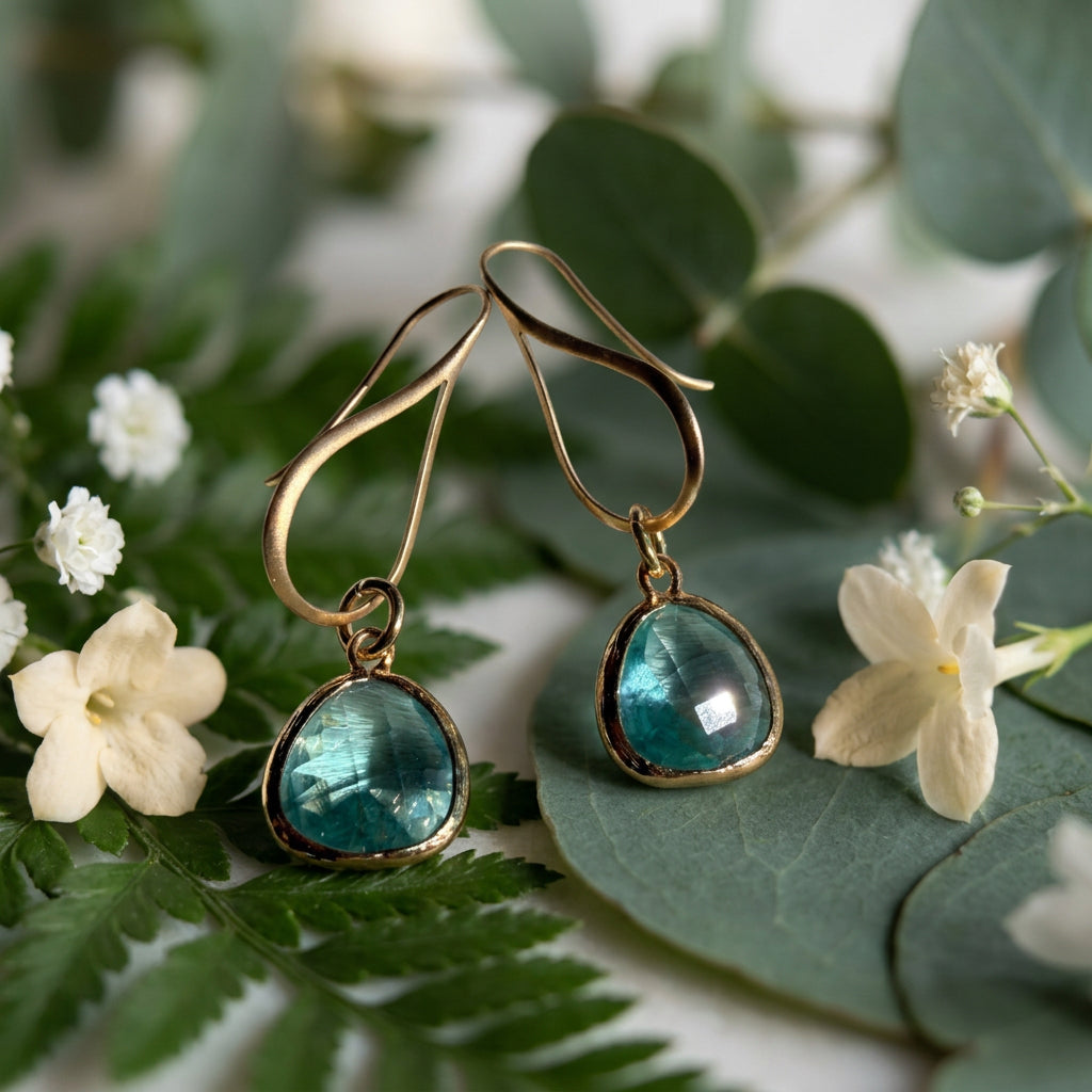 Gold Teardrop Earrings with Aquamarine-Colored Glass