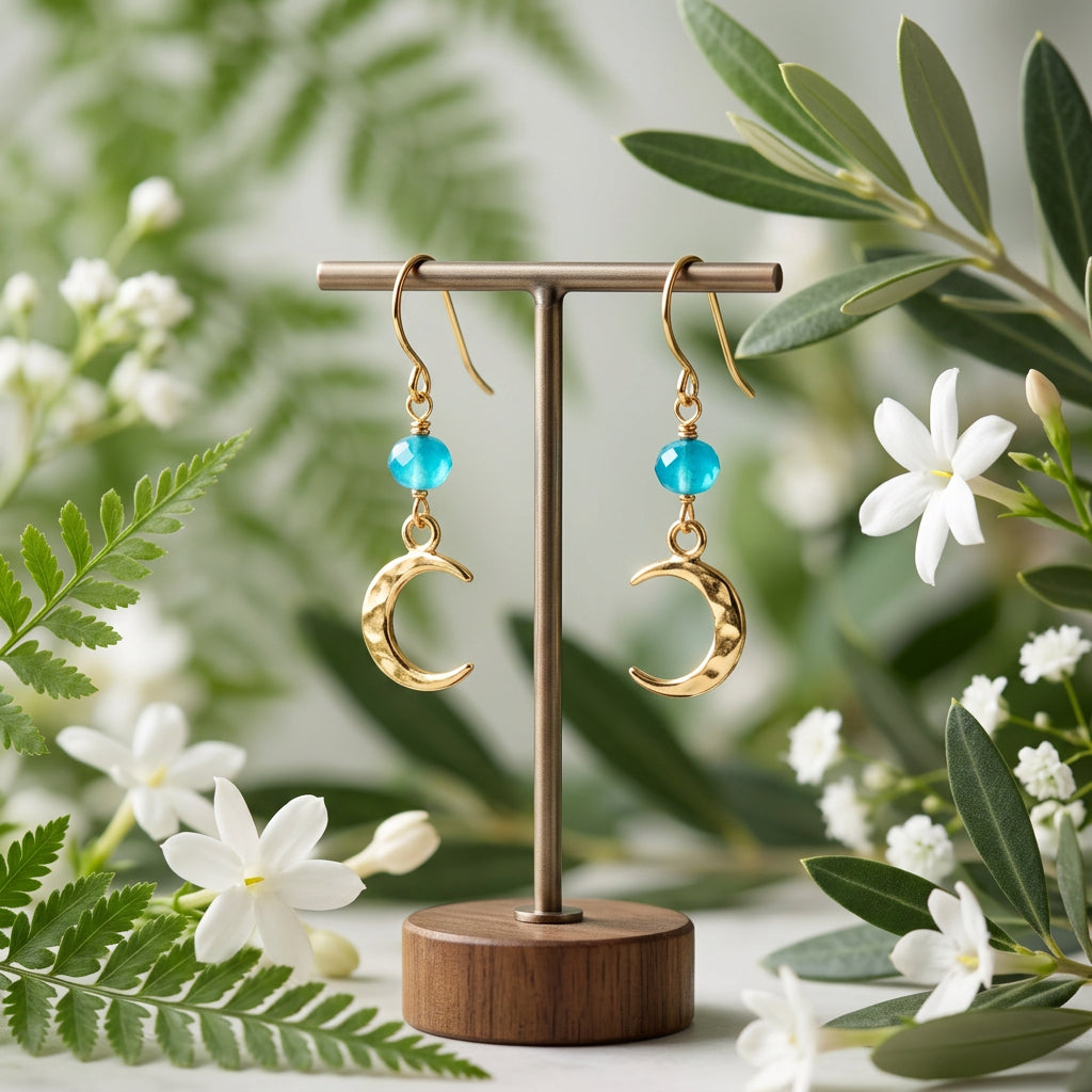Blue Chalcedony Crescent Moon Drop Earrings