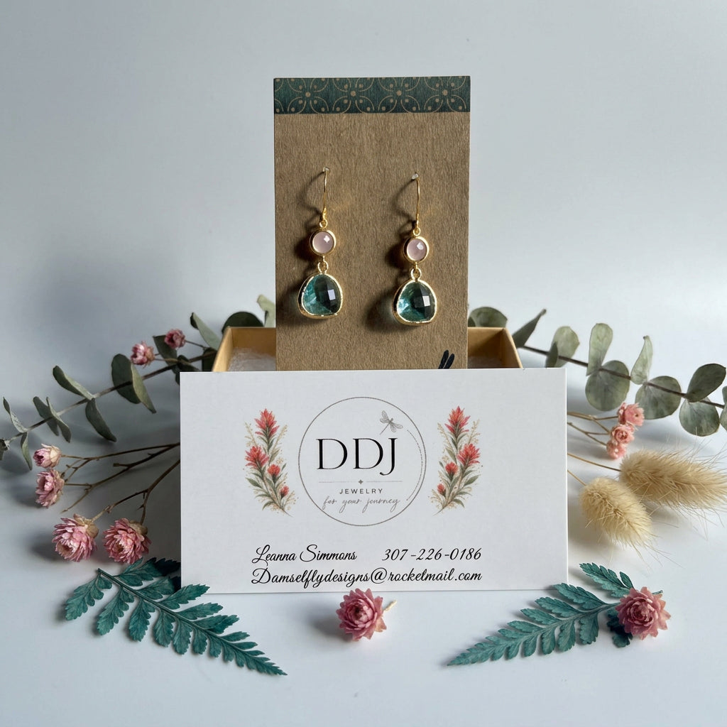 Aquamarine-Colored Glass Drop Earrings with Pink Connectors
