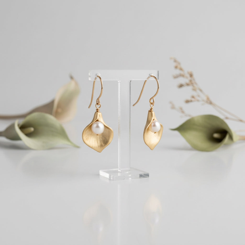 Gold-Plated Calla Lily Earrings with Swarovski Coated Pearls