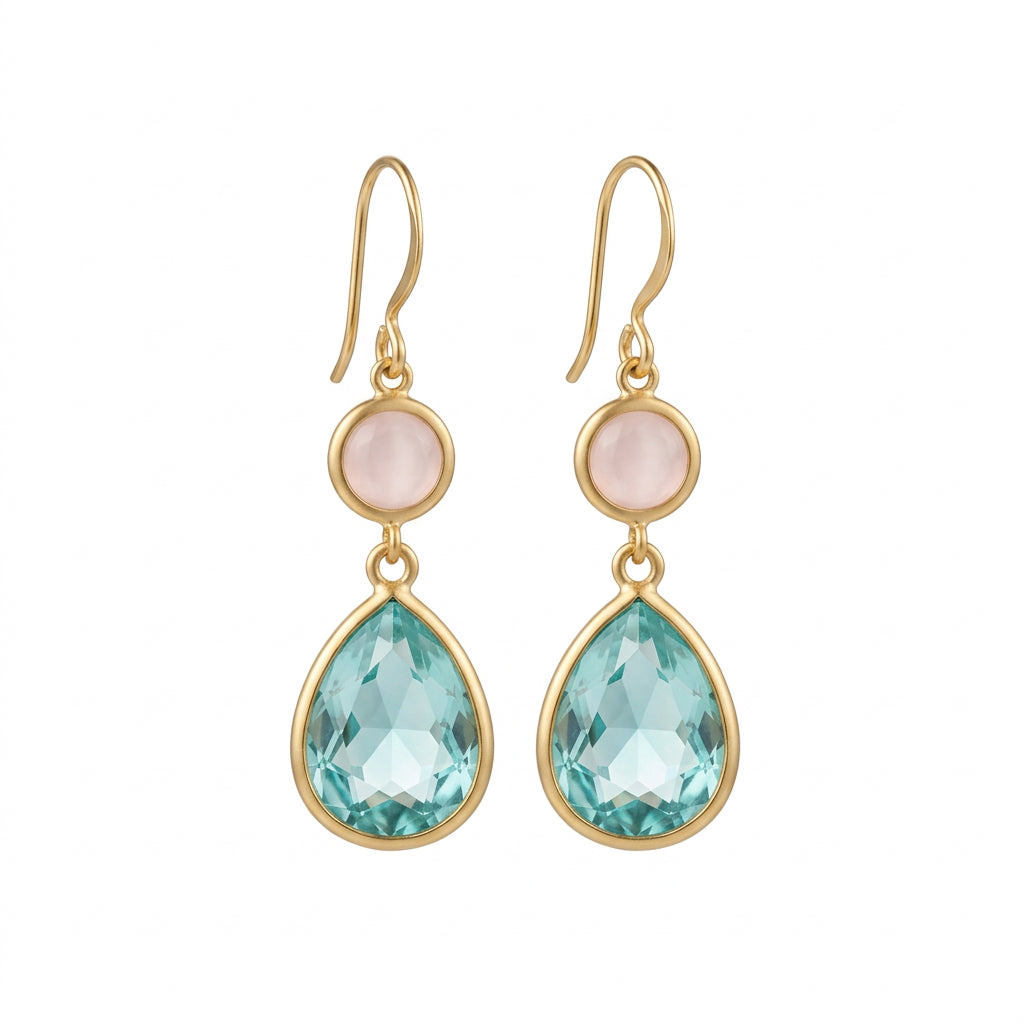 Aquamarine-Colored Glass Drop Earrings with Pink Connectors
