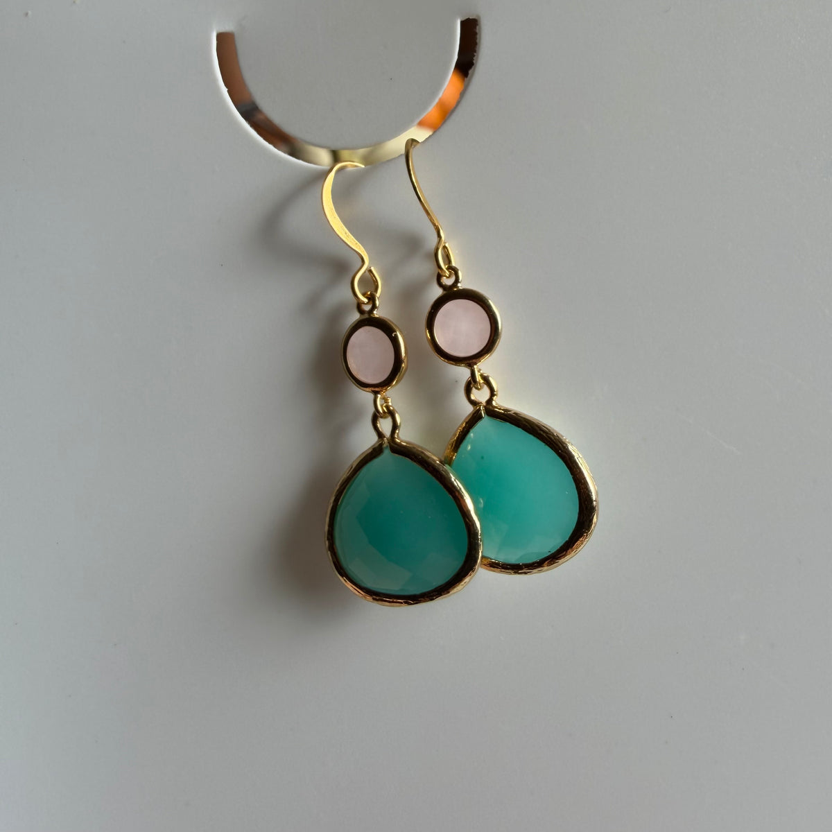 Mint Glass Drop Earrings with Pink Connectors