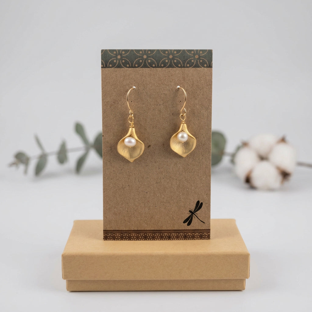 Gold-Plated Calla Lily Earrings with Swarovski Coated Pearls