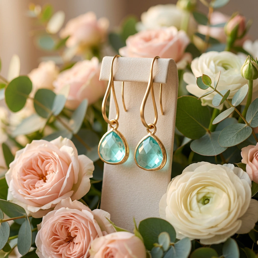 Gold Teardrop Earrings with Aquamarine-Colored Glass
