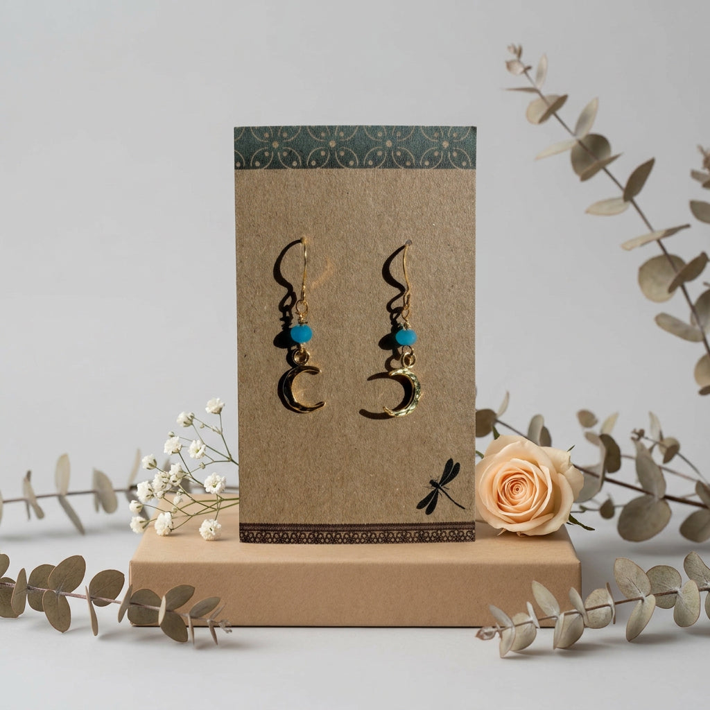 Blue Chalcedony Crescent Moon Drop Earrings