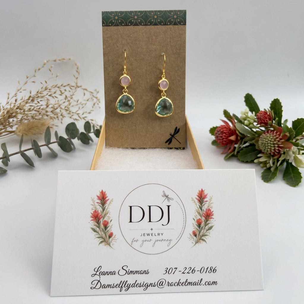 Aquamarine-Colored Glass Drop Earrings with Pink Connectors