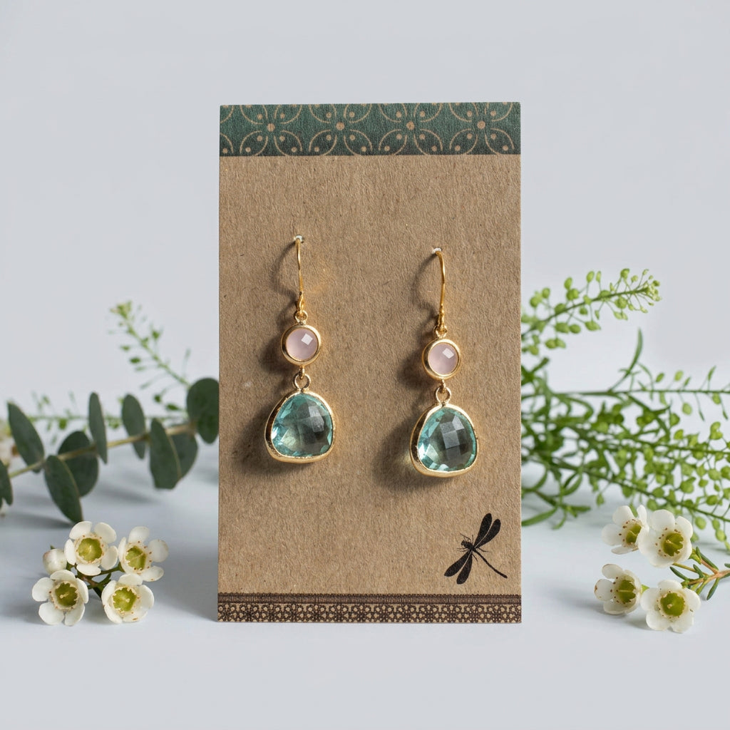 Aquamarine-Colored Glass Drop Earrings with Pink Connectors