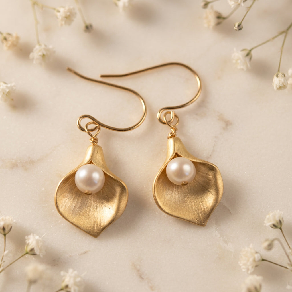 Gold-Plated Calla Lily Earrings with Swarovski Coated Pearls