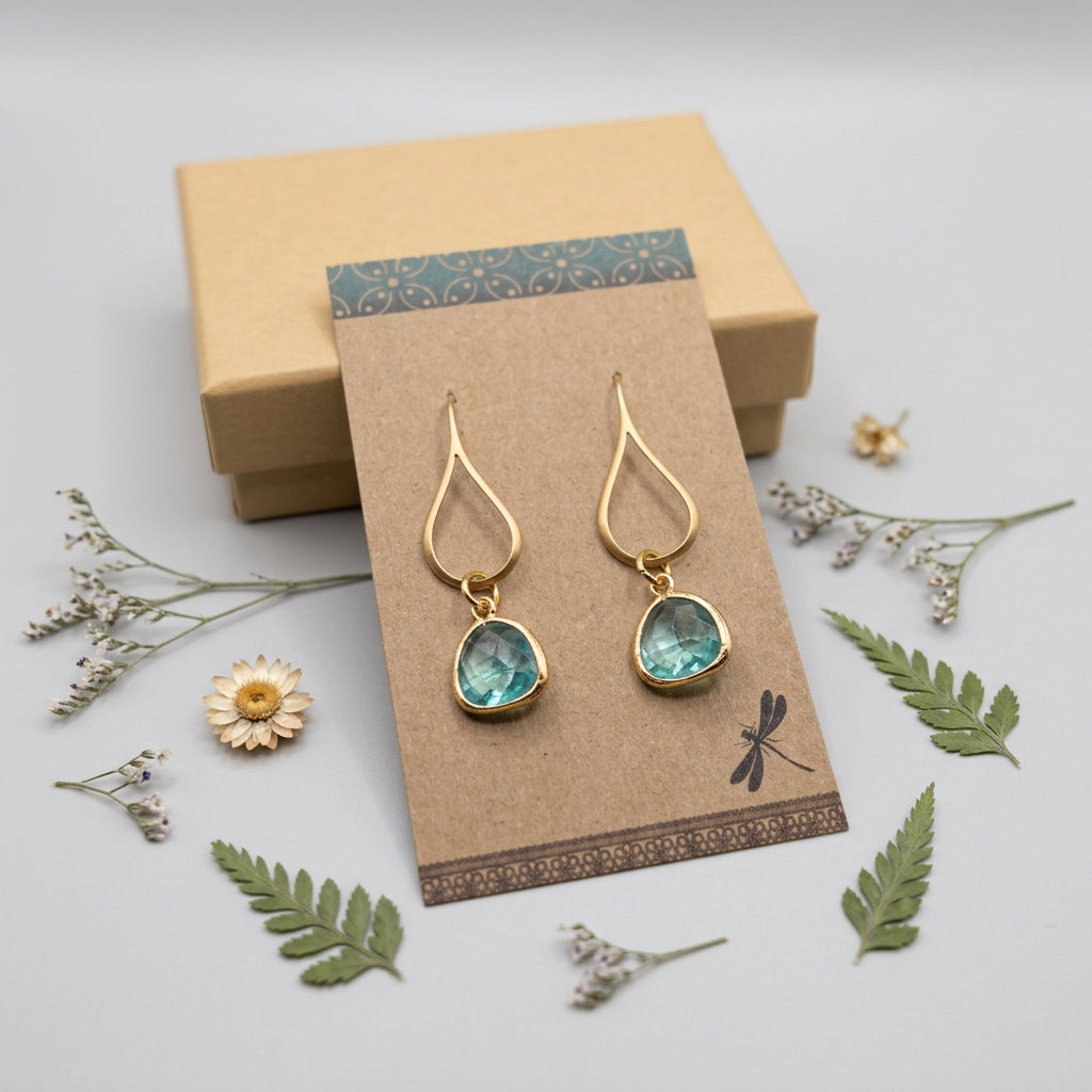 Gold Teardrop Earrings with Aquamarine-Colored Glass