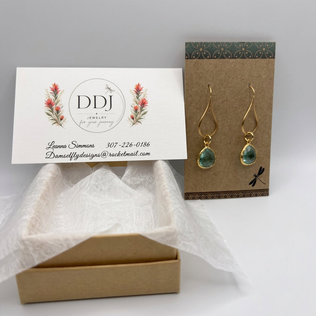 Gold Teardrop Earrings with Aquamarine-Colored Glass